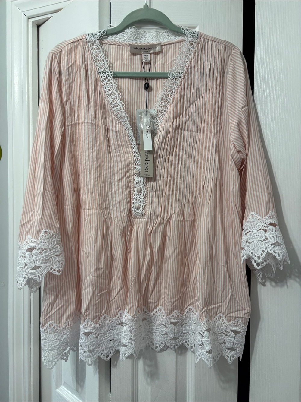 Catherine Malandrino Pink & White Striped Lace-Trim Tunic Top size 1x NWT